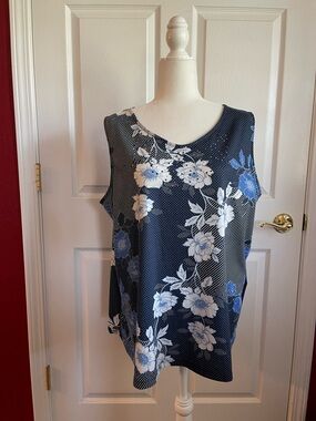 Catherines Navy Floral Print Sleeveless Blouse with Blue and White Flowers